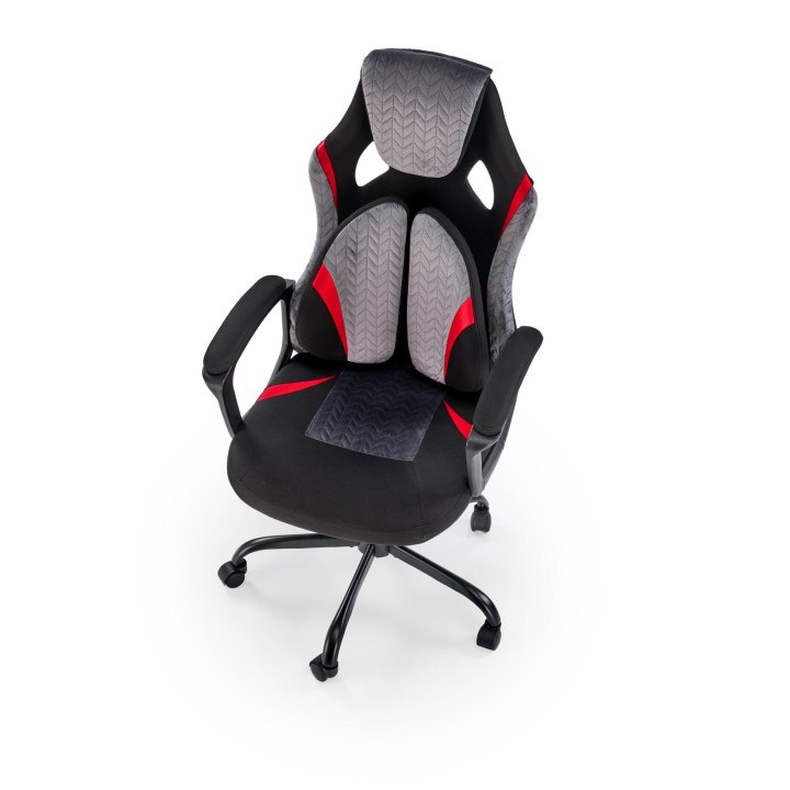 Fotel do biurka, kolor czarno-popielaty z czerwonymi wstawkami, na czarnej podstawie, kółka kauczukowe