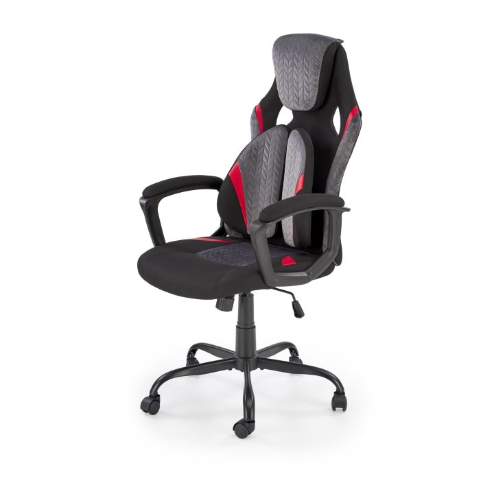 Fotel do biurka, kolor czarno-popielaty z czerwonymi wstawkami, na czarnej podstawie, kółka kauczukowe