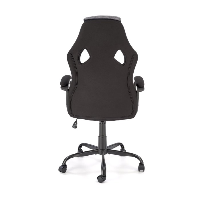 Fotel do biurka, kolor czarno-popielaty z czerwonymi wstawkami, na czarnej podstawie, kółka kauczukowe