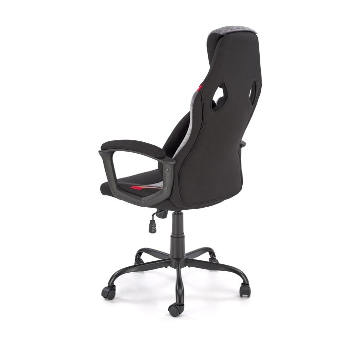 Fotel do biurka, kolor czarno-popielaty z czerwonymi wstawkami, na czarnej podstawie, kółka kauczukowe