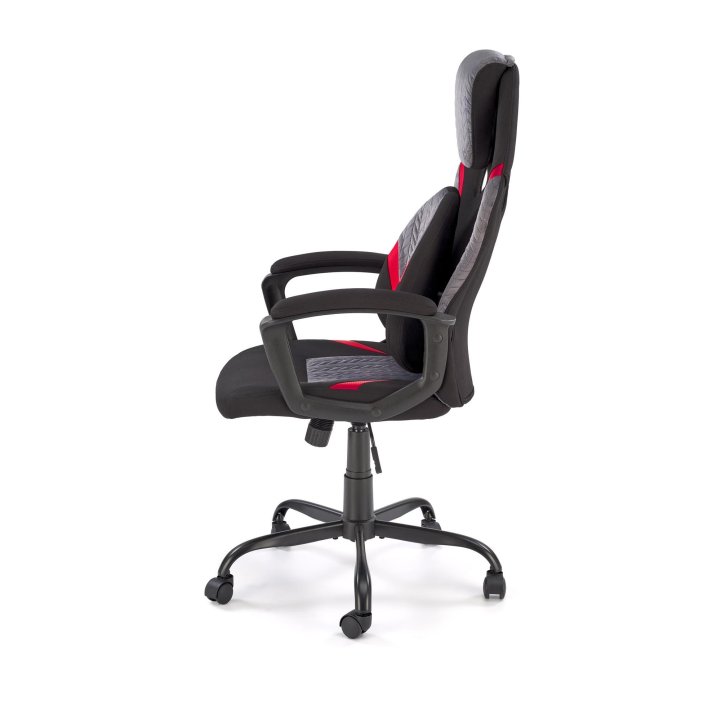 Fotel do biurka, kolor czarno-popielaty z czerwonymi wstawkami, na czarnej podstawie, kółka kauczukowe