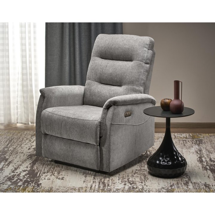 Fotel do salonu, rozkładany, funkcja relax, miękka tkanina kolor popielaty