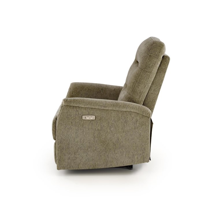 Fotel do salonu, rozkładany, funkcja relax, miękka tkanina kolor oliwkowy