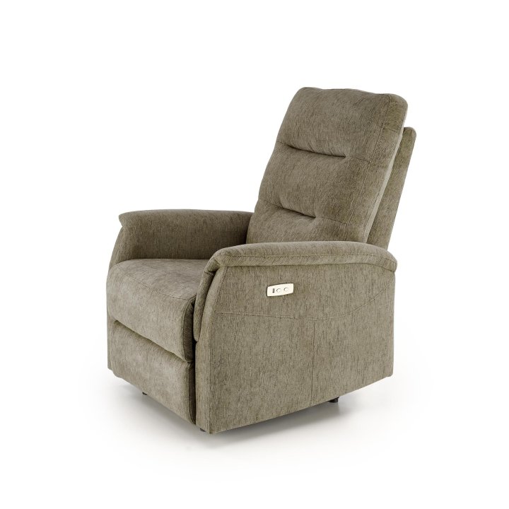 Fotel do salonu, rozkładany, funkcja relax, miękka tkanina kolor oliwkowy
