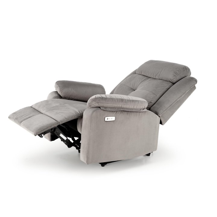 Fotel do salonu kolor popielaty z trzema poduszkami z funkcją elektrycznego rozkładania, funkcja relax
