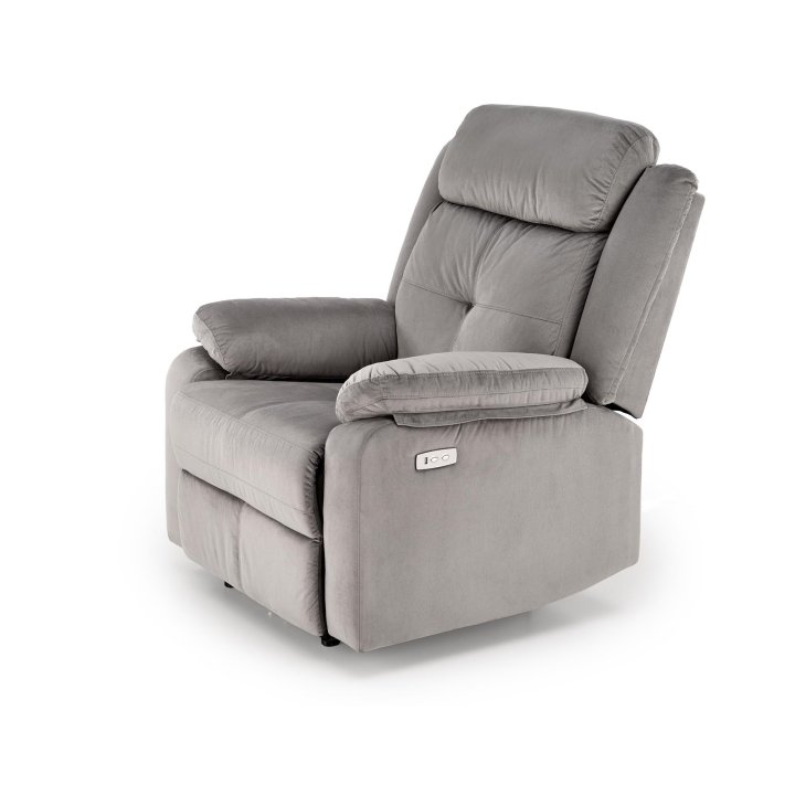 Fotel do salonu kolor popielaty z trzema poduszkami z funkcją elektrycznego rozkładania, funkcja relax