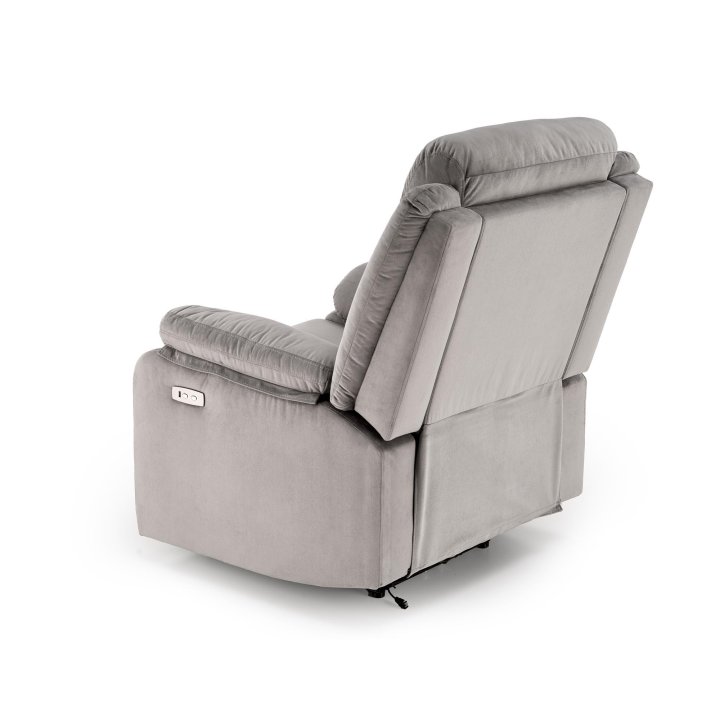 Fotel do salonu kolor popielaty z trzema poduszkami z funkcją elektrycznego rozkładania, funkcja relax