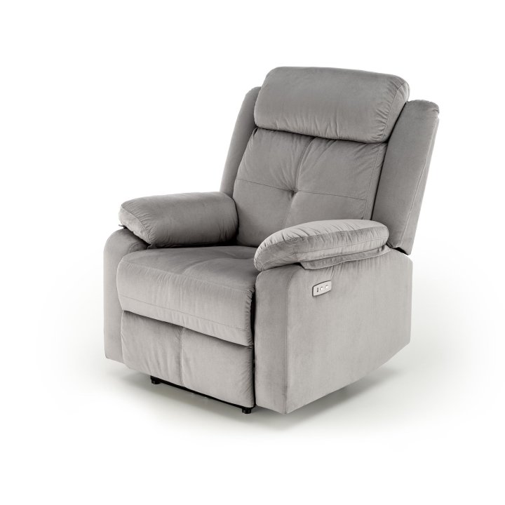 Fotel do salonu kolor popielaty z trzema poduszkami z funkcją elektrycznego rozkładania, funkcja relax