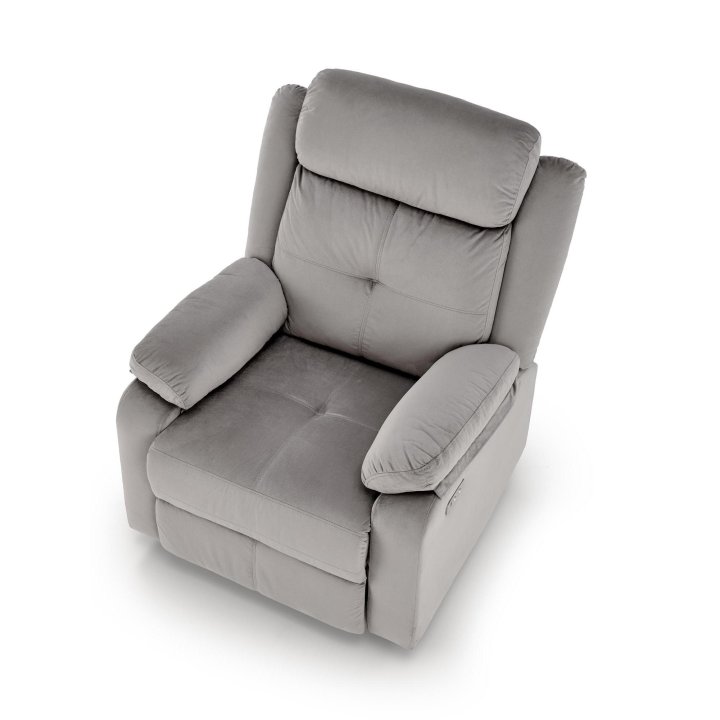 Fotel do salonu kolor popielaty z trzema poduszkami z funkcją elektrycznego rozkładania, funkcja relax