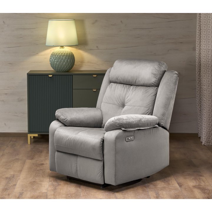 Fotel do salonu kolor popielaty z trzema poduszkami z funkcją elektrycznego rozkładania, funkcja relax