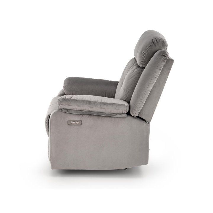 Fotel do salonu kolor popielaty z trzema poduszkami z funkcją elektrycznego rozkładania, funkcja relax