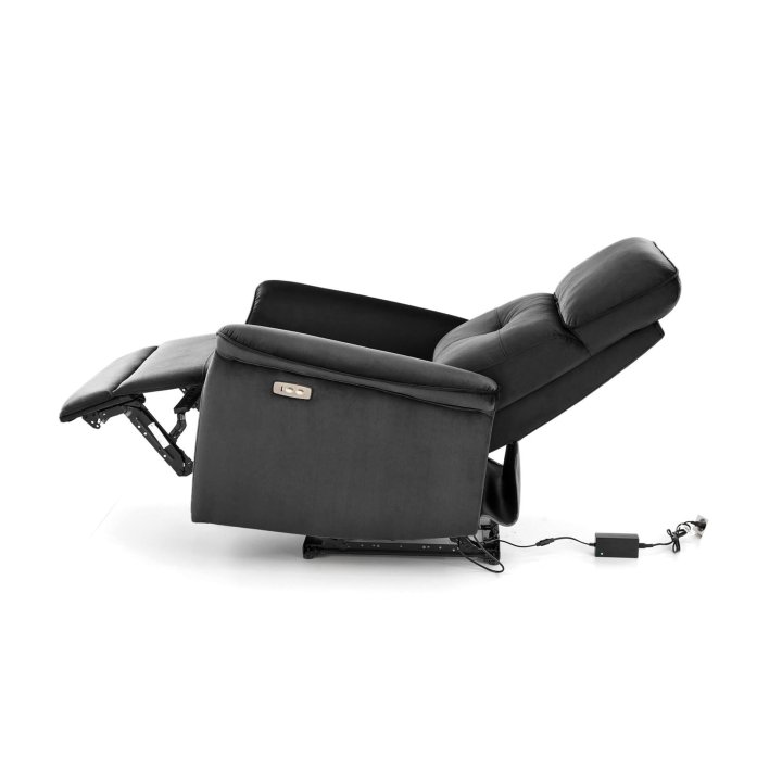Fotel do salonu z funkcją elektrycznego rozkładania, gniazdo USB, kolor czarny, tkanina velvet
