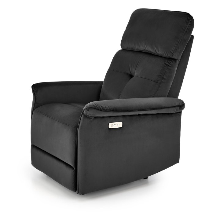 Fotel do salonu z funkcją elektrycznego rozkładania, gniazdo USB, kolor czarny, tkanina velvet