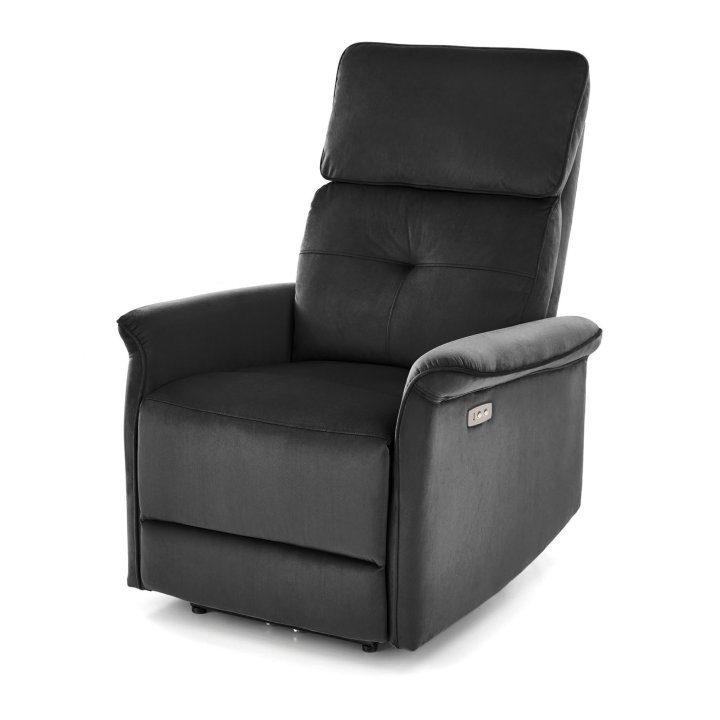 Fotel do salonu z funkcją elektrycznego rozkładania, gniazdo USB, kolor czarny, tkanina velvet