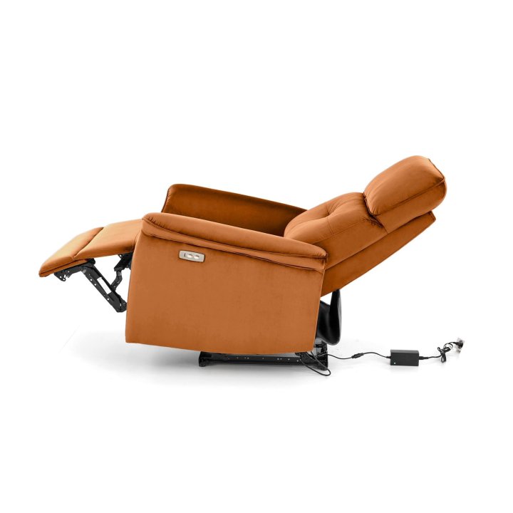 Fotel do salonu z funkcją elektrycznego rozkładania, gniazdo USB, kolor cynamonowy, tkanina velvet