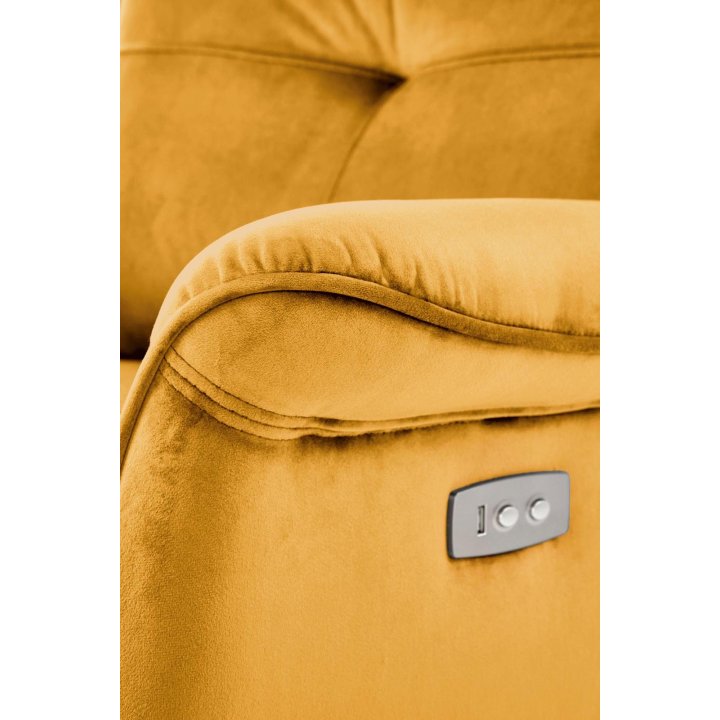 Fotel do salonu z funkcją elektrycznego rozkładania, gniazdo USB, kolor musztardowy, tkanina velvet