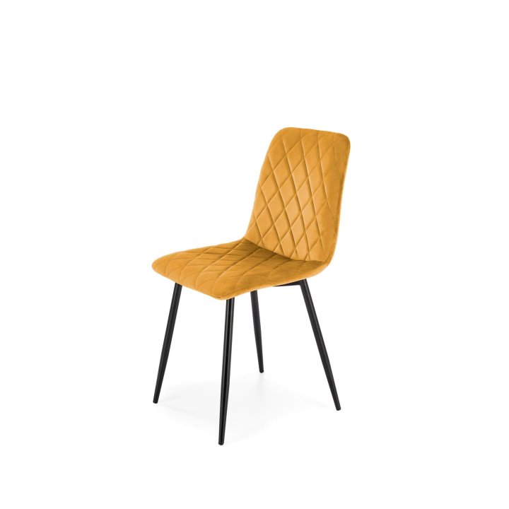 Musztardowe tapicerowane krzesło do jadalni z czarnymi nogami