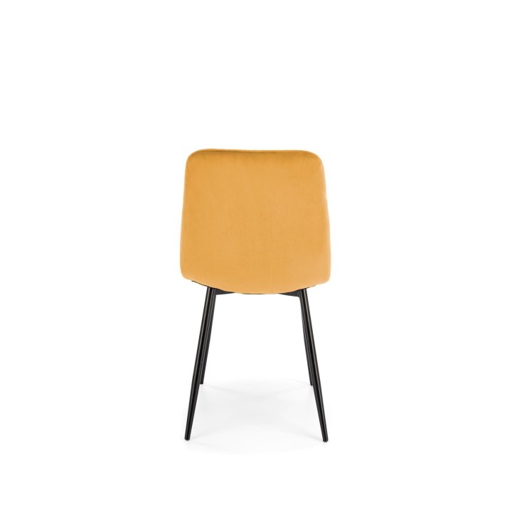 Musztardowe tapicerowane krzesło do jadalni z czarnymi nogami