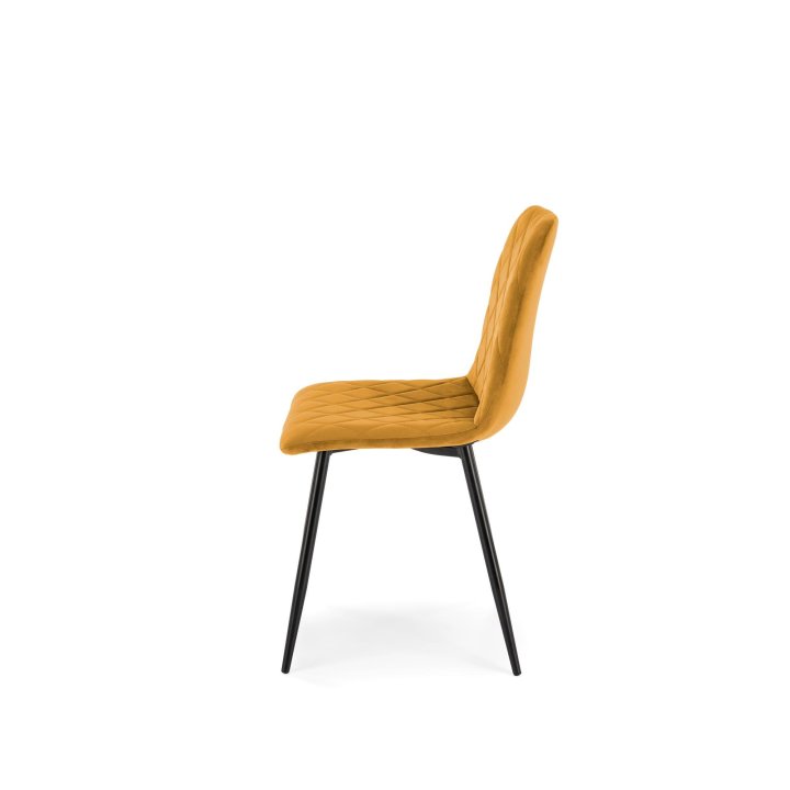 Musztardowe tapicerowane krzesło do jadalni z czarnymi nogami