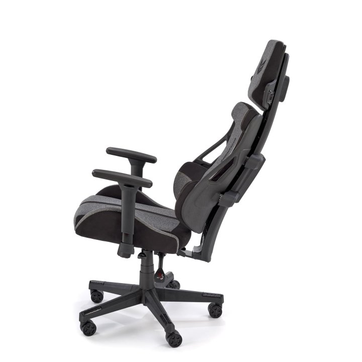 Futurystyczny Fotel dla gracza, popielata tkanina z czarnymi wstawkami, regulowane podłokietniki