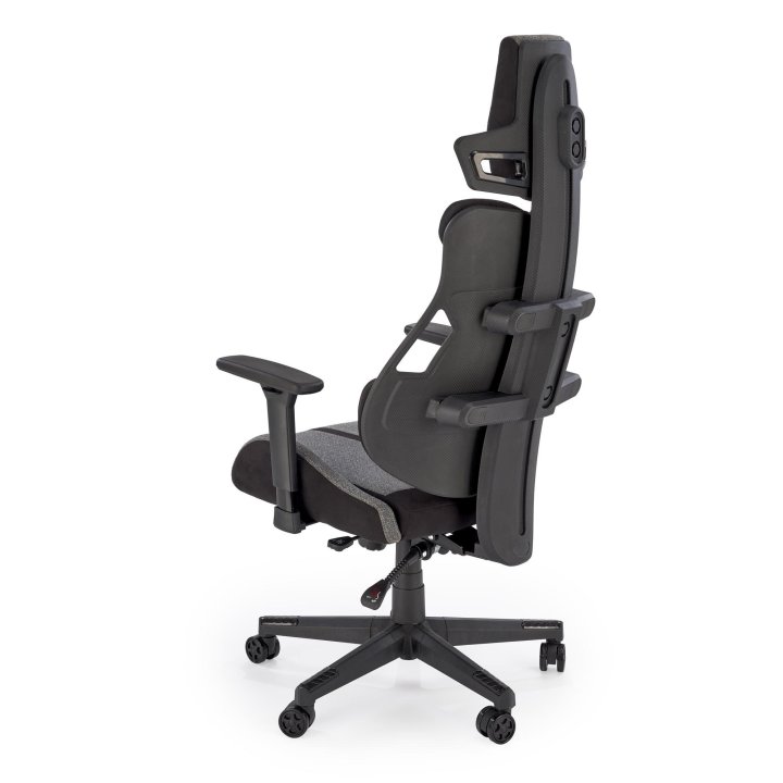 Futurystyczny Fotel dla gracza, popielata tkanina z czarnymi wstawkami, regulowane podłokietniki