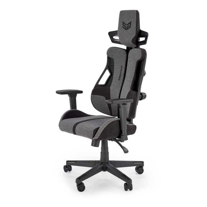 Futurystyczny Fotel dla gracza, popielata tkanina z czarnymi wstawkami, regulowane podłokietniki