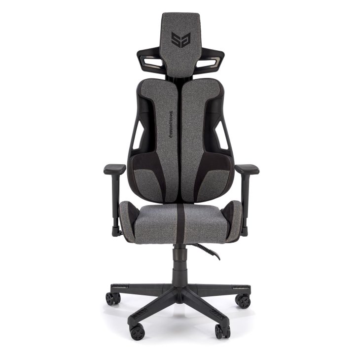 Futurystyczny Fotel dla gracza, popielata tkanina z czarnymi wstawkami, regulowane podłokietniki