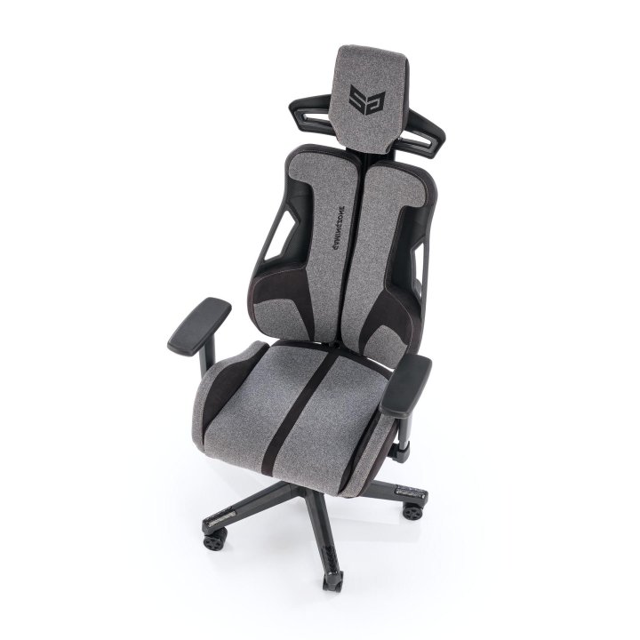 Futurystyczny Fotel dla gracza, popielata tkanina z czarnymi wstawkami, regulowane podłokietniki