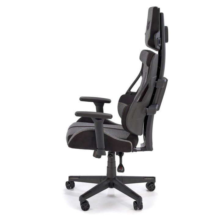 Futurystyczny Fotel dla gracza, popielata tkanina z czarnymi wstawkami, regulowane podłokietniki