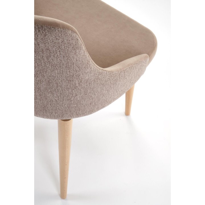 Beżowe obrotowe krzesło do jadalni tapicerowane - 180° obrót - z drewnianymi nogami