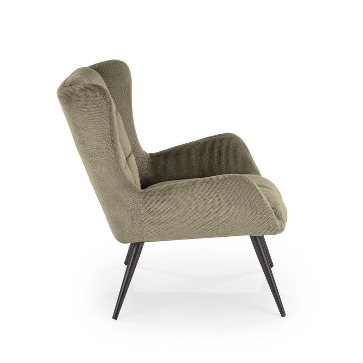 Fotel do salonu, klasyczny, kolor oliwkowy, z przeszyciami, na czarnych metalowych nogach, tkanina - VARDO