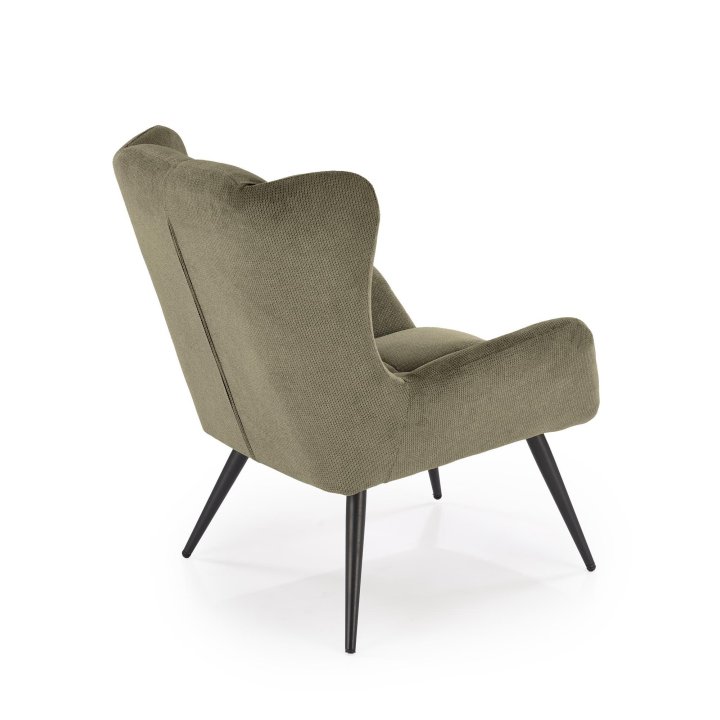 Fotel do salonu, klasyczny, kolor oliwkowy, z przeszyciami, na czarnych metalowych nogach, tkanina - VARDO