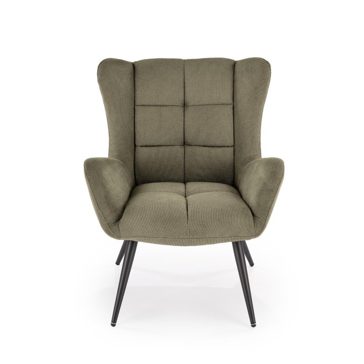 Fotel do salonu, klasyczny, kolor oliwkowy, z przeszyciami, na czarnych metalowych nogach, tkanina - VARDO