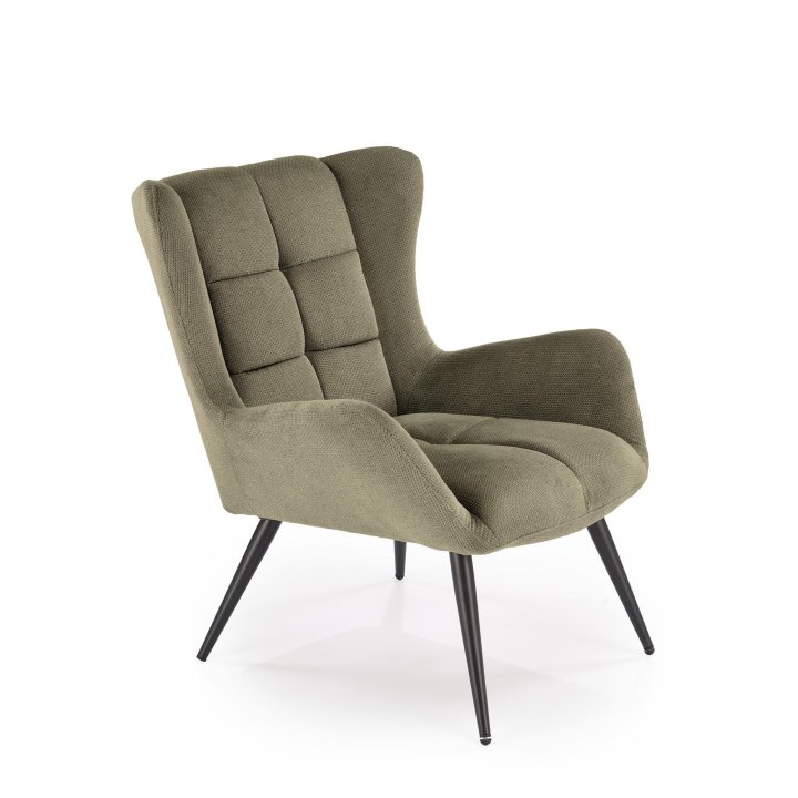 Fotel do salonu, klasyczny, kolor oliwkowy, z przeszyciami, na czarnych metalowych nogach, tkanina - VARDO
