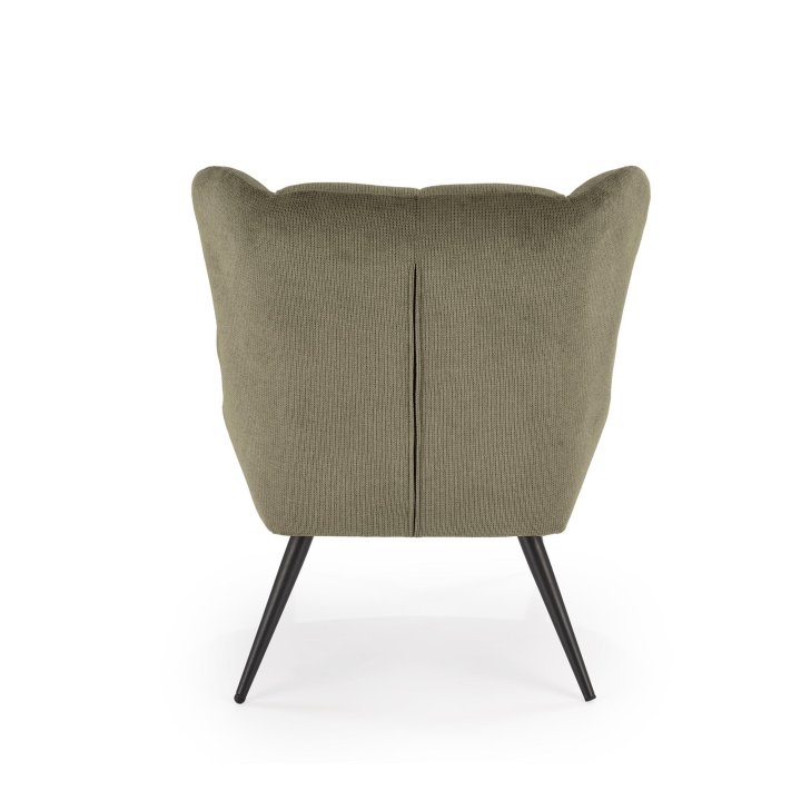 Fotel do salonu, klasyczny, kolor oliwkowy, z przeszyciami, na czarnych metalowych nogach, tkanina - VARDO