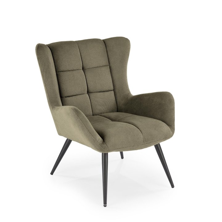 Fotel do salonu, klasyczny, kolor oliwkowy, z przeszyciami, na czarnych metalowych nogach, tkanina - VARDO