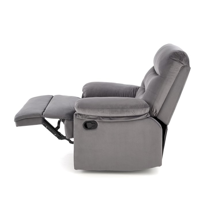 Rozkładany Fotel do salonu w popielatej miękkiej tkaninie typu velvet, funkcja relax