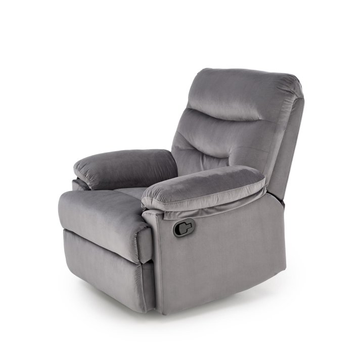 Rozkładany Fotel do salonu w popielatej miękkiej tkaninie typu velvet, funkcja relax