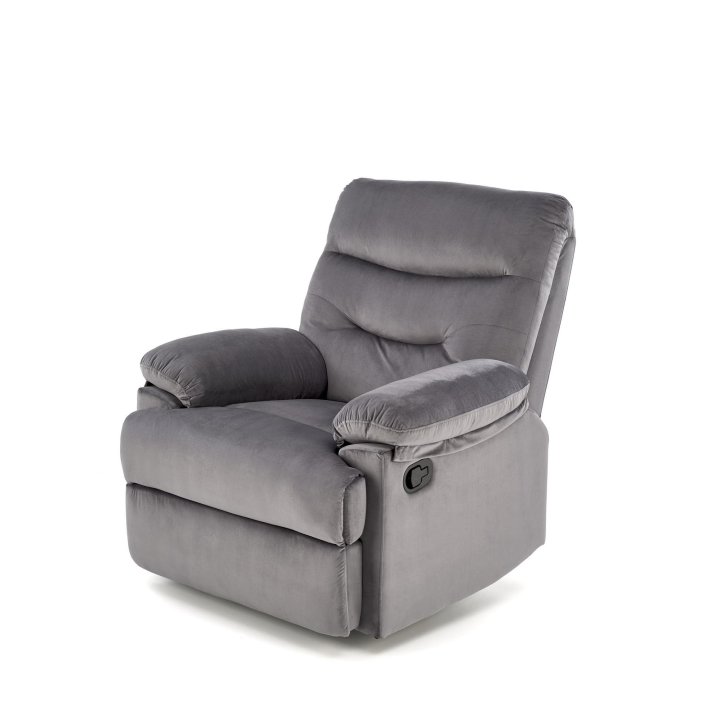 Rozkładany Fotel do salonu w popielatej miękkiej tkaninie typu velvet, funkcja relax