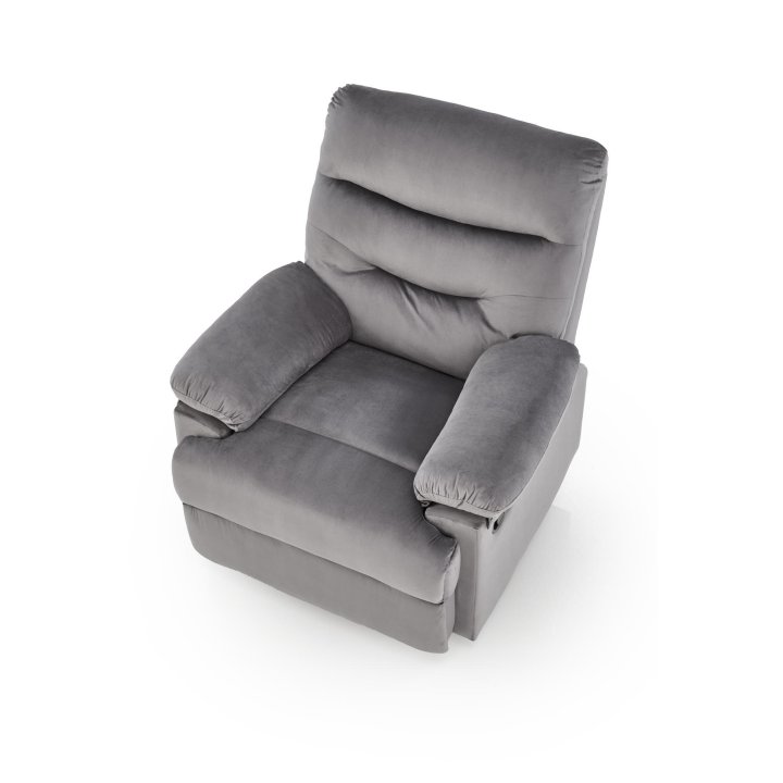 Rozkładany Fotel do salonu w popielatej miękkiej tkaninie typu velvet, funkcja relax