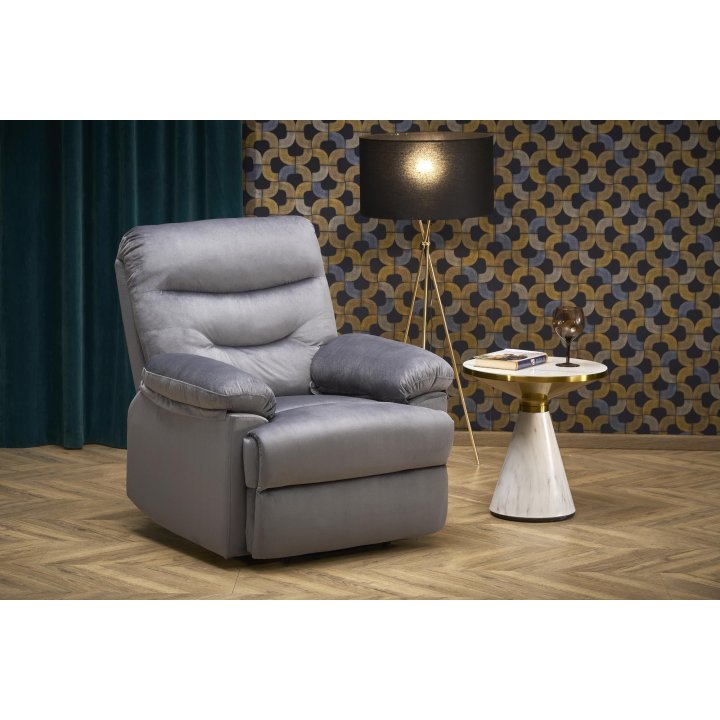 Rozkładany Fotel do salonu w popielatej miękkiej tkaninie typu velvet, funkcja relax