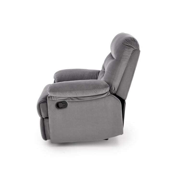 Rozkładany Fotel do salonu w popielatej miękkiej tkaninie typu velvet, funkcja relax