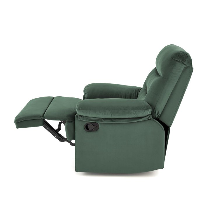Rozkładany Fotel do salonu w ciemnozielonej miękkiej tkaninie typu velvet, funkcja relax