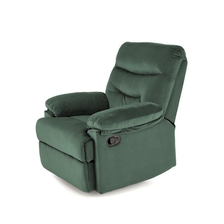 Rozkładany Fotel do salonu w ciemnozielonej miękkiej tkaninie typu velvet, funkcja relax