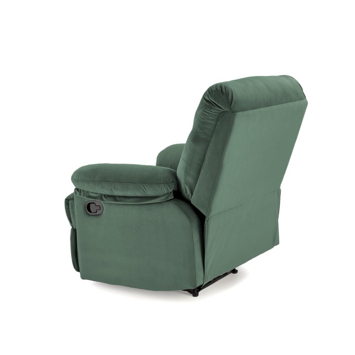 Rozkładany Fotel do salonu w ciemnozielonej miękkiej tkaninie typu velvet, funkcja relax