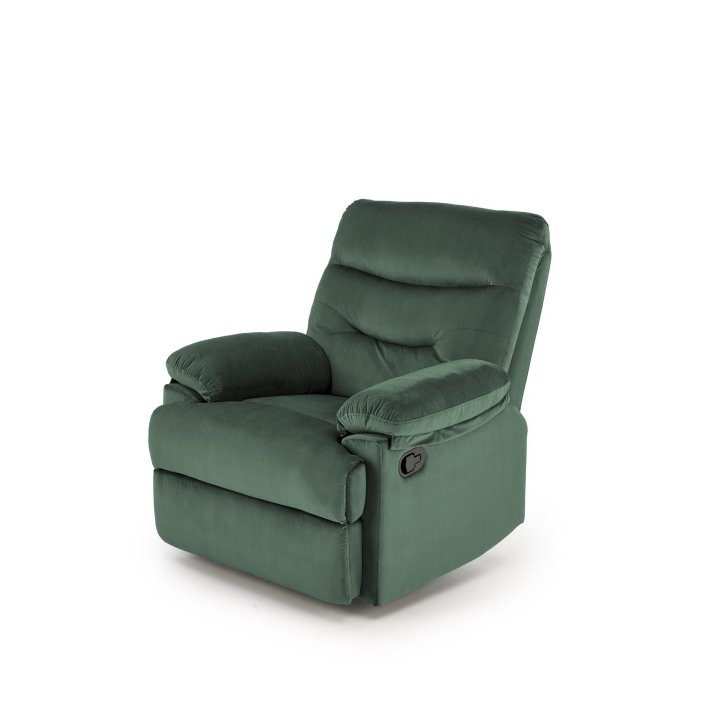 Rozkładany Fotel do salonu w ciemnozielonej miękkiej tkaninie typu velvet, funkcja relax