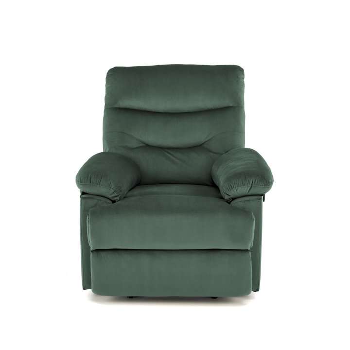 Rozkładany Fotel do salonu w ciemnozielonej miękkiej tkaninie typu velvet, funkcja relax