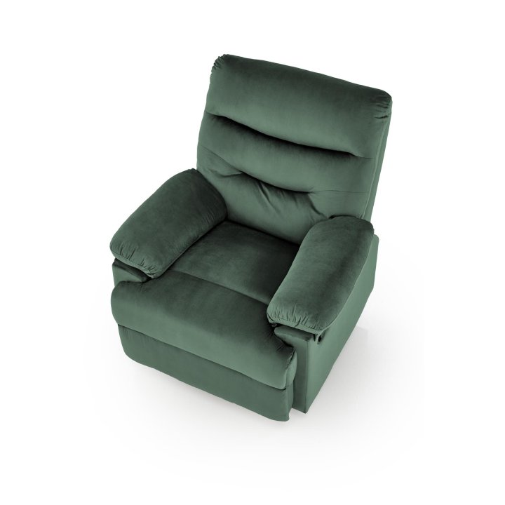 Rozkładany Fotel do salonu w ciemnozielonej miękkiej tkaninie typu velvet, funkcja relax