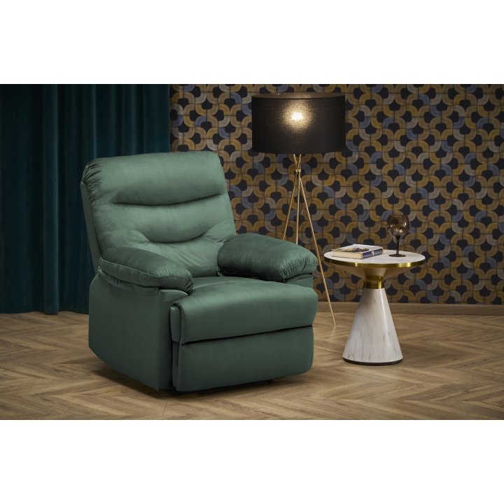 Rozkładany Fotel do salonu w ciemnozielonej miękkiej tkaninie typu velvet, funkcja relax
