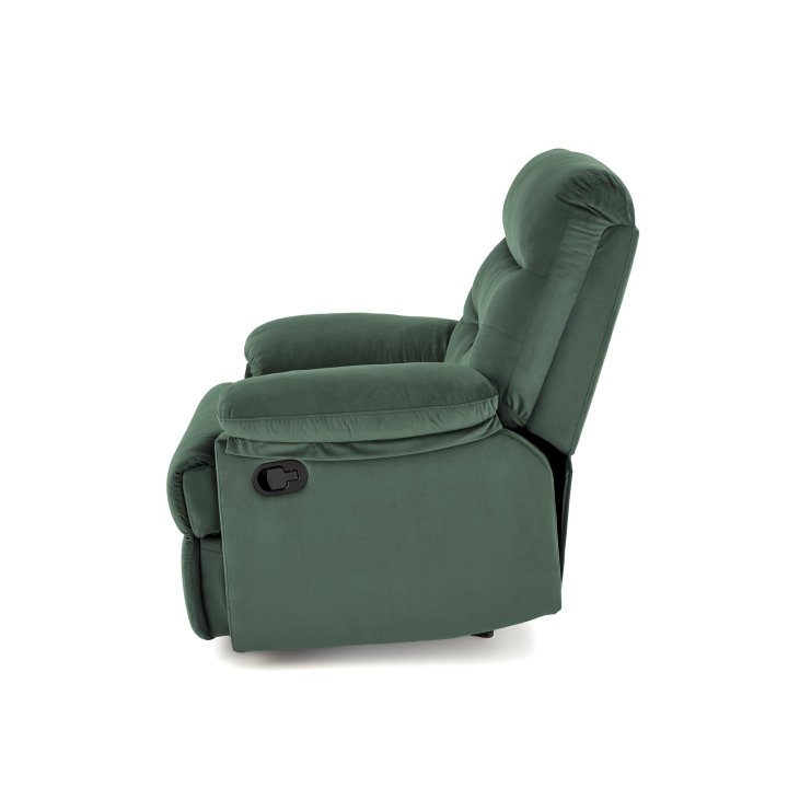 Rozkładany Fotel do salonu w ciemnozielonej miękkiej tkaninie typu velvet, funkcja relax